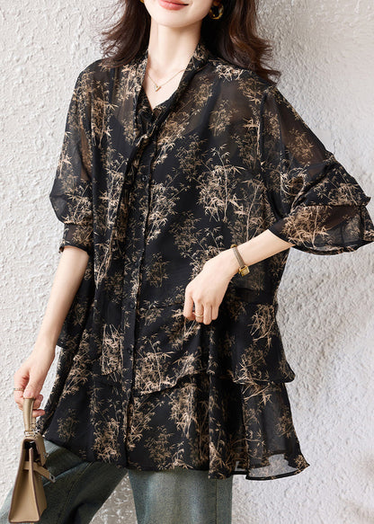Black Oversized Print Chiffon Shirts Fall