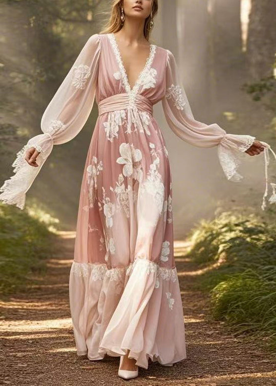 Natural Pink Print Lace Patchwork Chiffon Maxi Dresses Flare Sleeve Spring