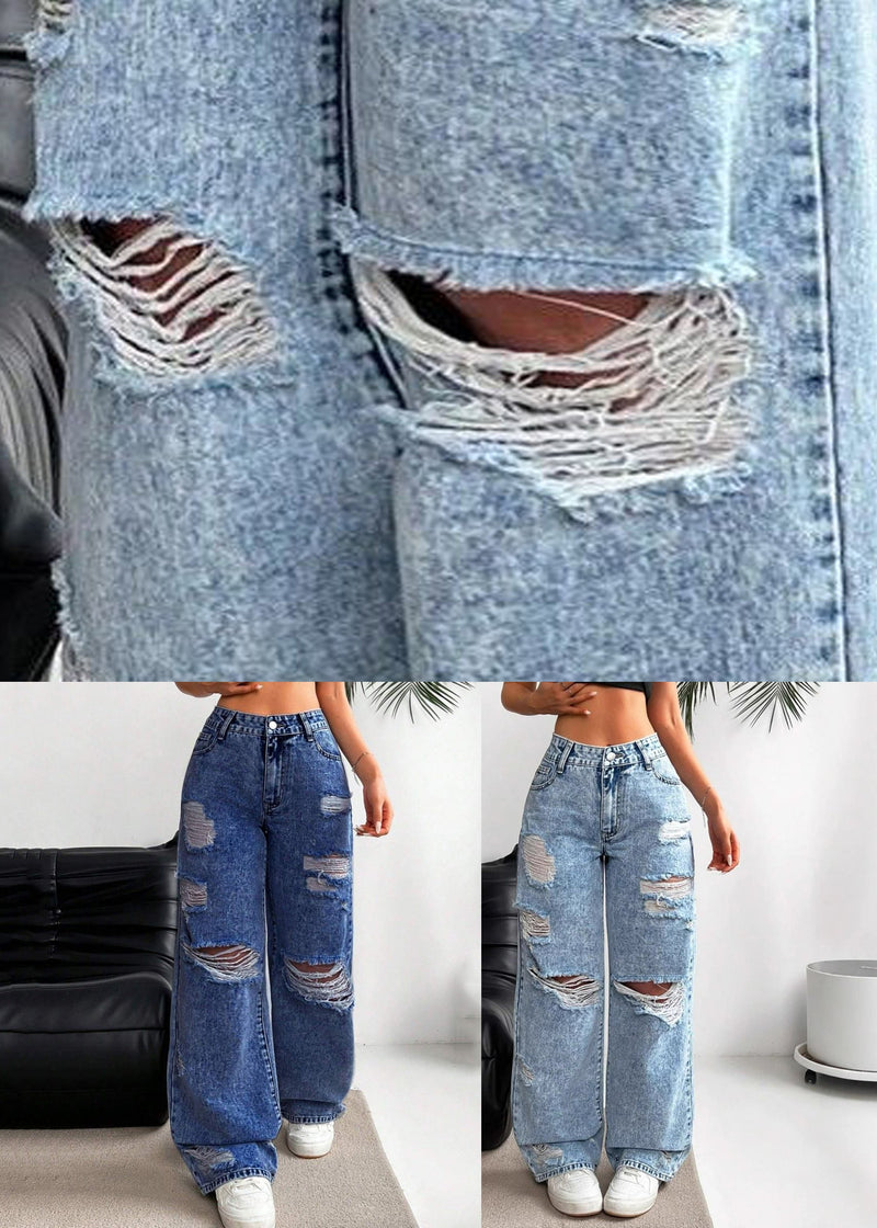 Dark Blue High Waist Ripped Wide Leg Denim Pants Spring
