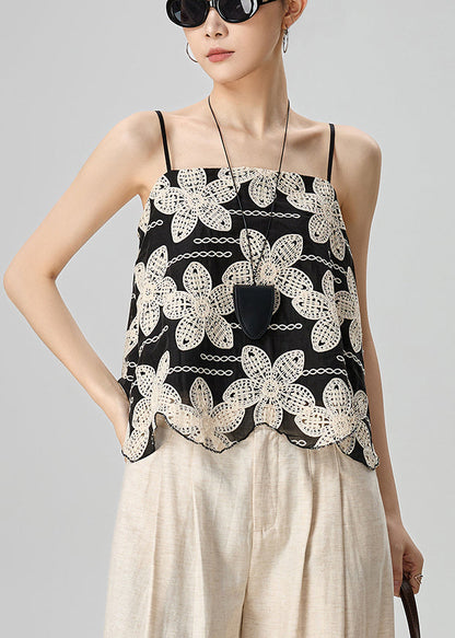 Handmade Black Embroidered Cotton Spaghetti Strap Tank Sleeveless