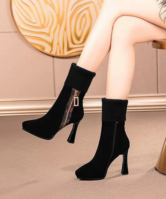 Zircon Zippered Splicing High Heel Boots Black Suede