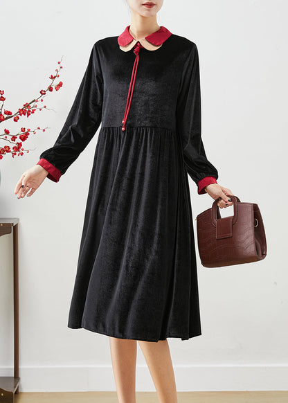 Black Double-layer Tasseled Silk Velour Dress Fall