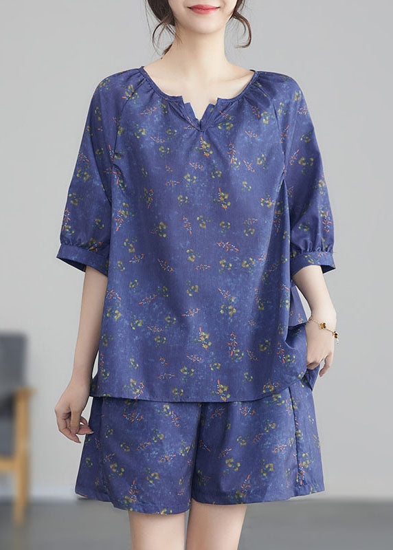Purple Print Wrinkled Tops and Shortscotton Two Pieces Set Summer