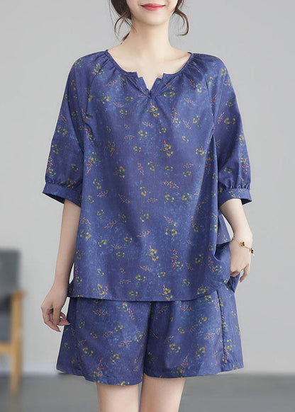 Purple Print Wrinkled Tops and Shortscotton Two Pieces Set Summer