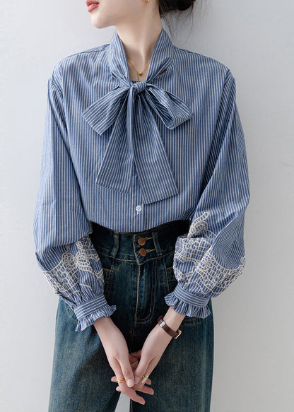 Blue Striped Bow Cotton Blouses Lantern Sleeve