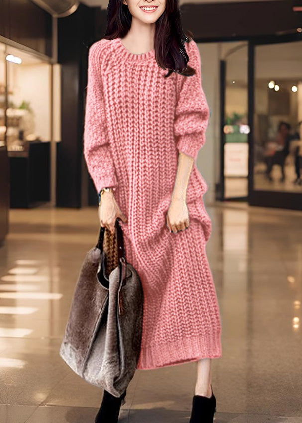 Natural Navy O-neck Patchwork Cozy Cotton Knit Long Dress Winter
