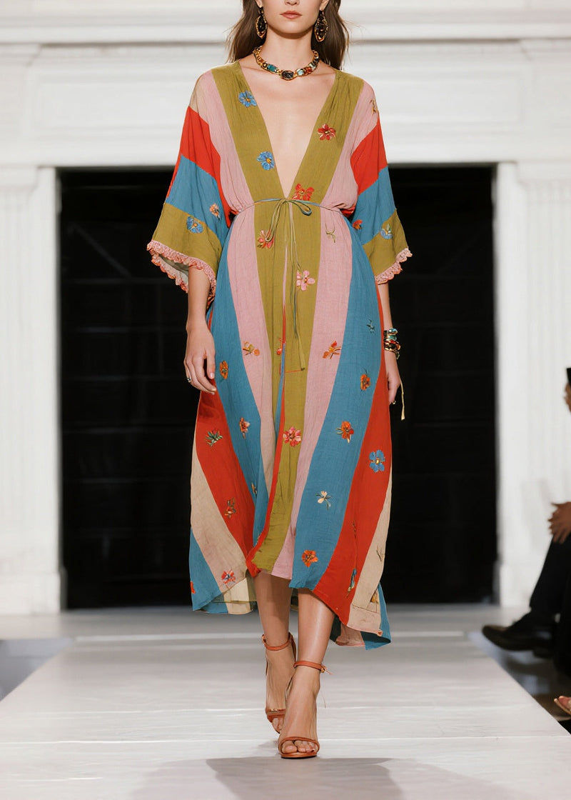 Colorblock Tie Waist Print Cotton Long Dress Summer