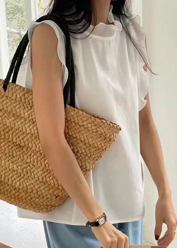 White Ruffled Patchwork Cotton Tanks Sleeveless