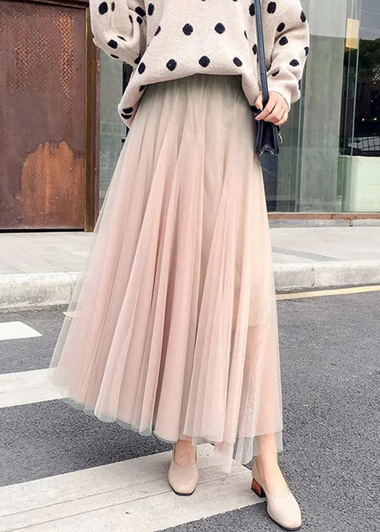 Simple Coffee Elastic Waist Tulle Skirt Spring