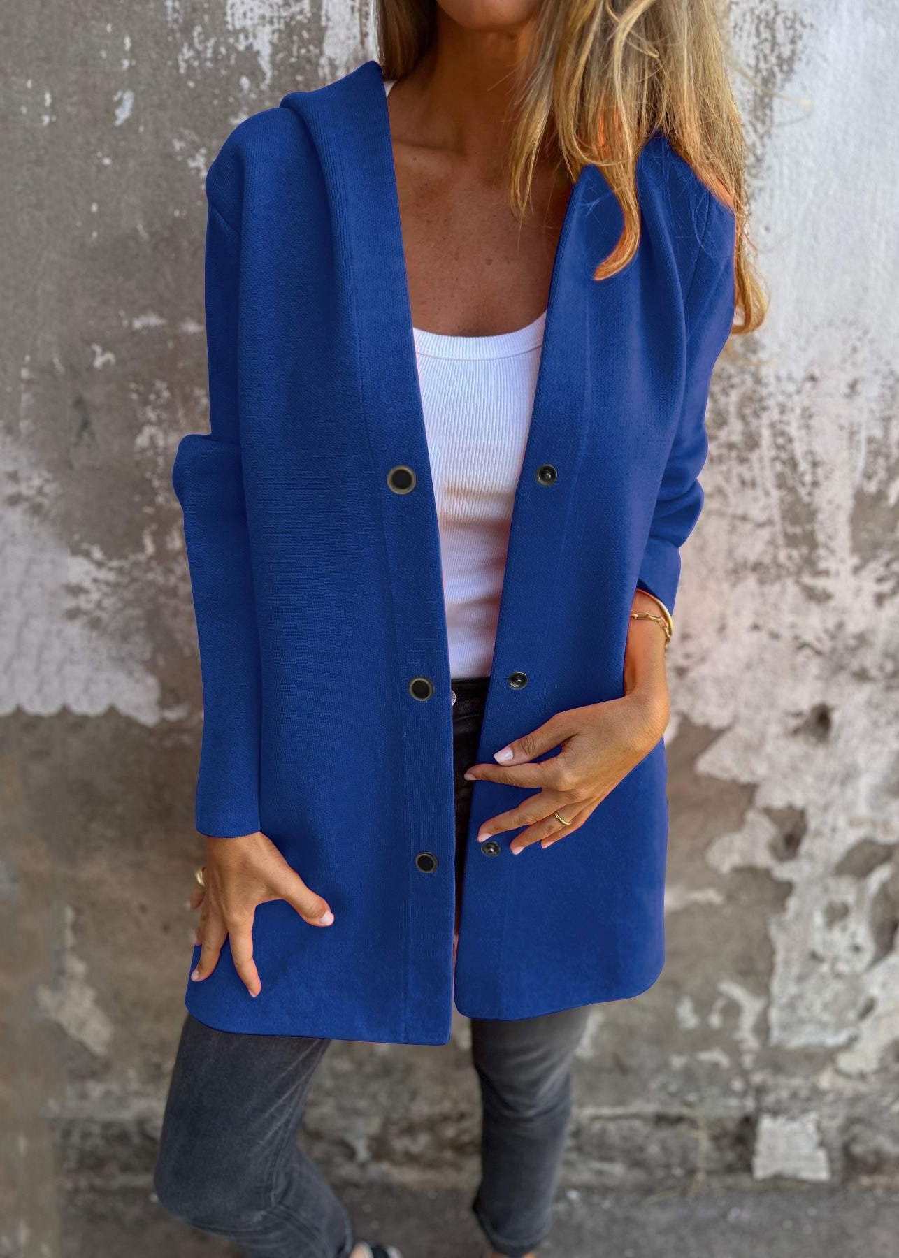 Grey Hooded Button Pockets Cotton Coat Fall