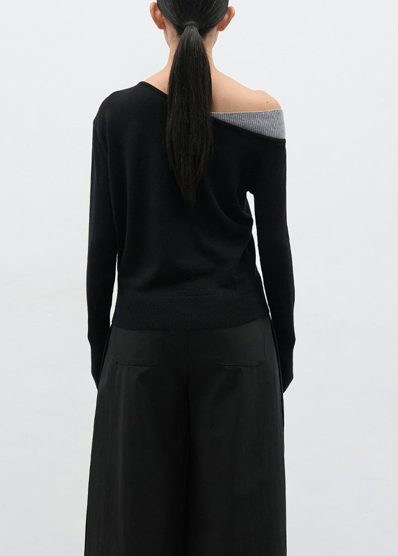Black Cold Shoulder Patchwork Knit Sweaters Spring
