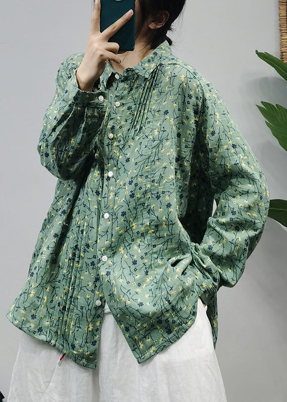 Classy Green Button Peter Pan Collar Wrinkled Cotton Shirts Long Sleeve