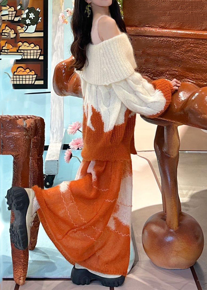 New Orange Hollow Out Tops and Skirts Knit Two Pieces Set Spring