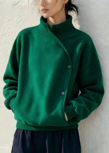 Green Stand Collar Button Pockets Cotton Sweatshirt Winter