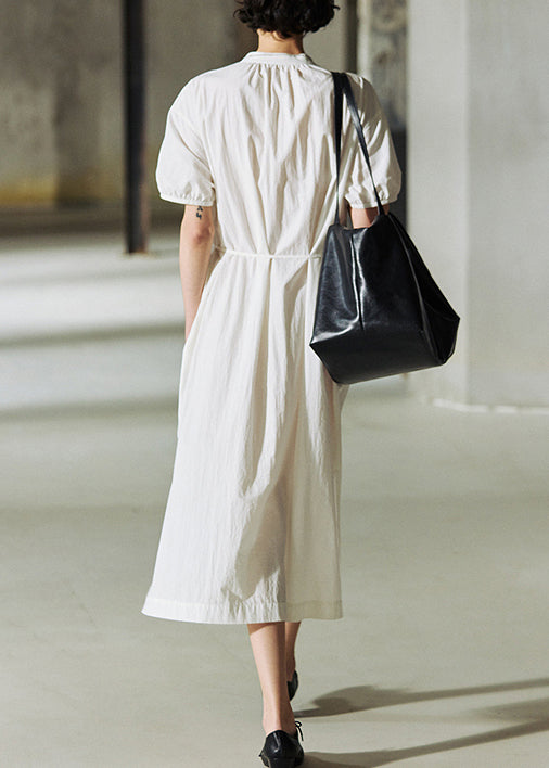 Handmade White O-neck Cinched Loose Cotton Long Dresses Summer