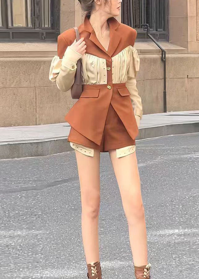 French Coffee Wrinkled Patchwork Coat and Shorts Two Pieces Spring