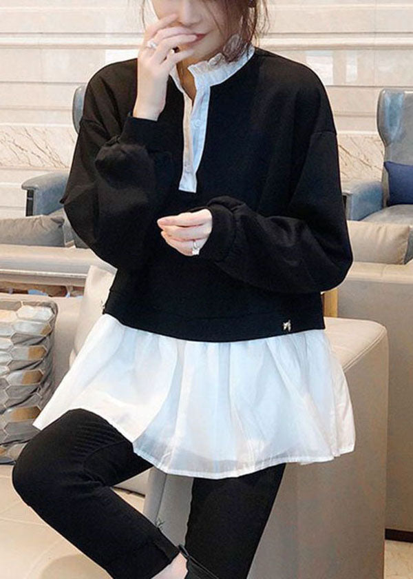 Diy Black Ruffled Patchwork Cotton Fake Two Piece Shirts Spring