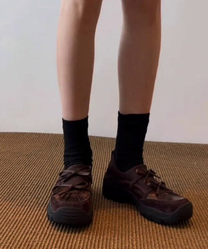 Brown Faux Leather Loafers for Splicing Bow