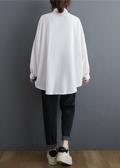 Italian White Peter Pan Collar Button Asymmetrical Design Print Shirt Top Batwing Sleeve