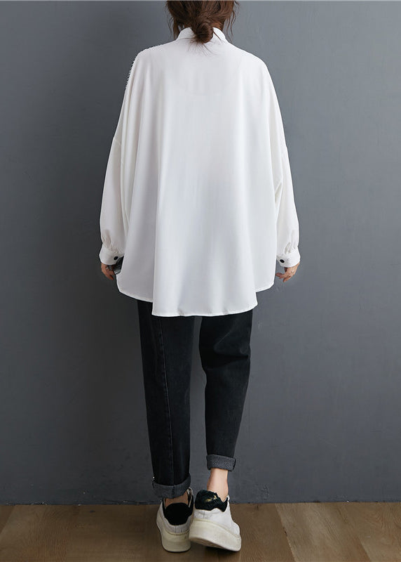 Italian White Peter Pan Collar Button Asymmetrical Design Print Shirt Top Batwing Sleeve