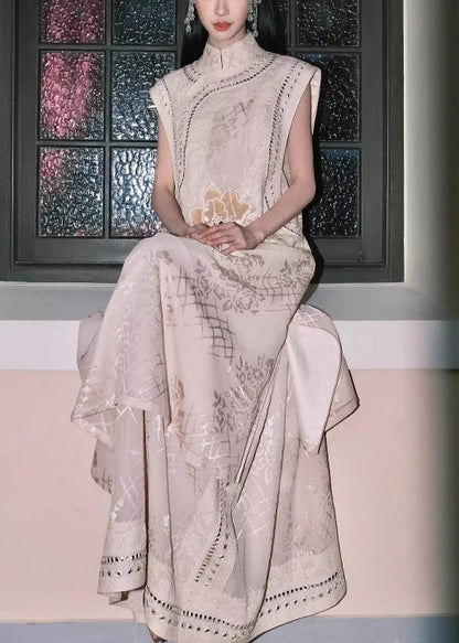 Jacquard Apricot Nail Bead Lace Waistcoat and Skirts Silk Two Piece Set Sleeveless