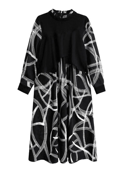 Black False Two Pieces Patchwork Cotton Dresses Fall