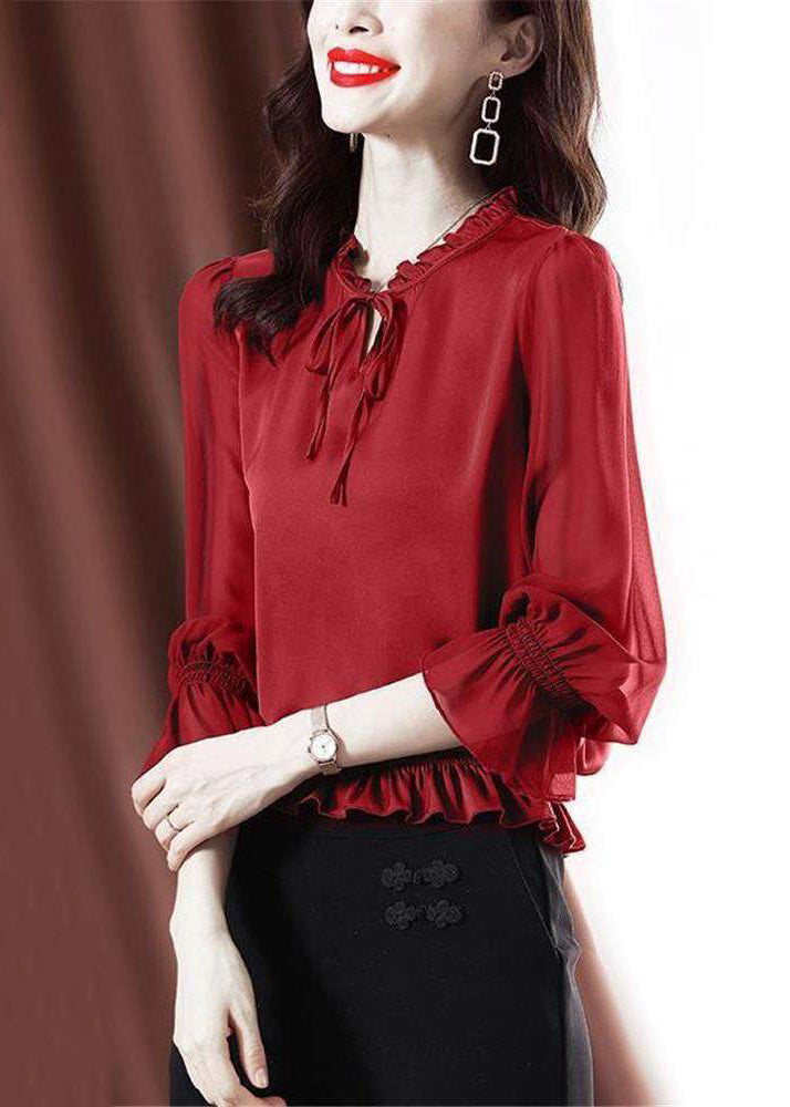 Red Lace Up Chiffon Shirt Ruffled Flare Sleeve