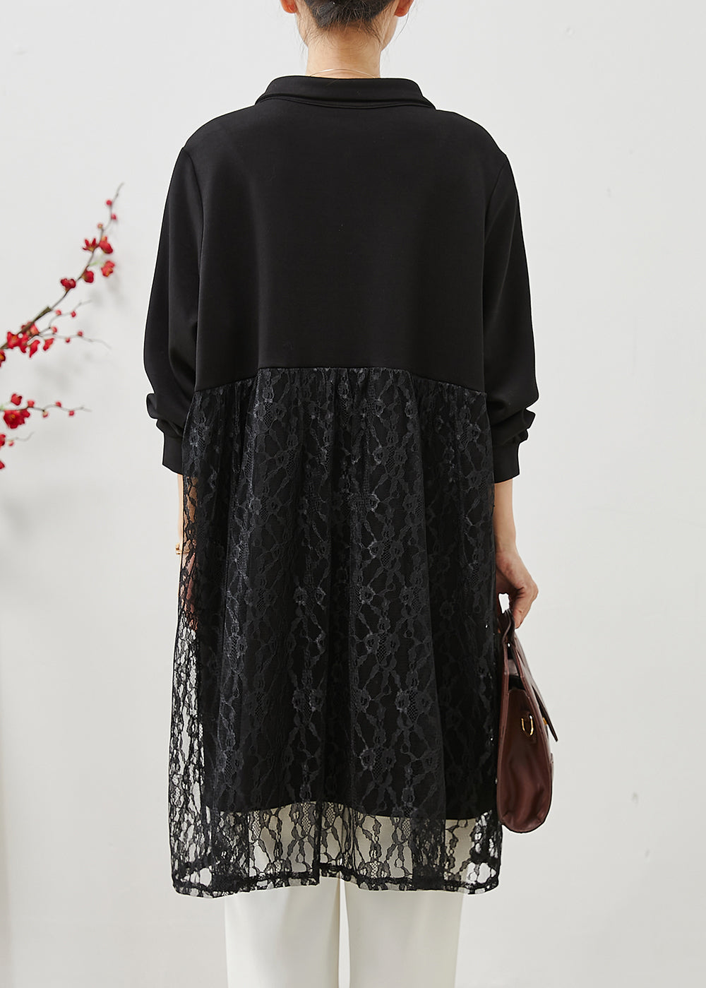 Black Peter Pan Collar Patchwork Lace Dress Fall