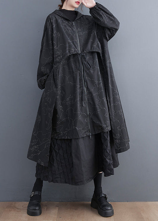 Vogue Black Asymmetrical Patchwork Print Zippered Tie Waist Hoodie Trench Coat Spring