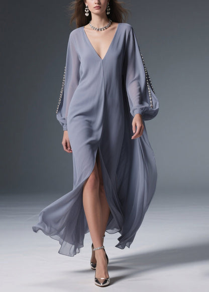 Grey Front Open Chiffon Long Dresses V Neck Spring