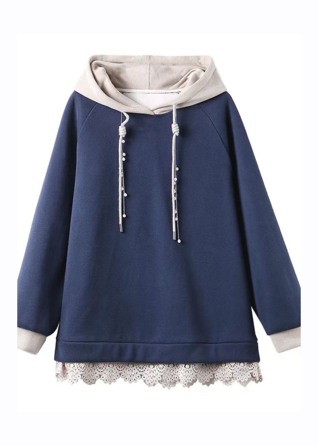 Navy Blue Drawstring Lace Patchwork Fleece Hoodie Sweatshirt Fall