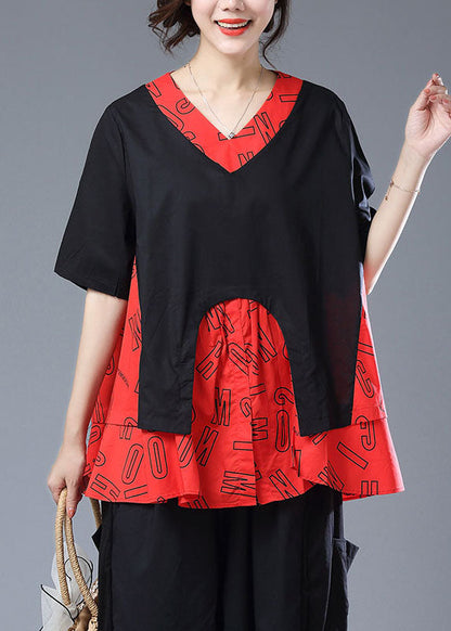 Red Asymmetrical Print Patchwork Cotton T Shirt Top Summer