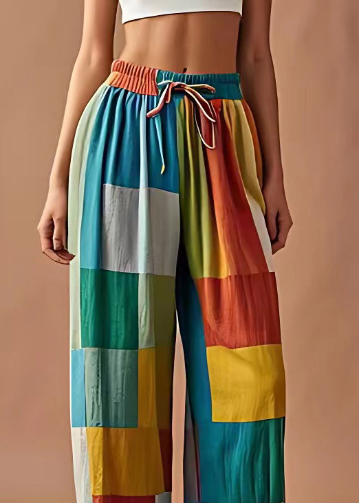 Diy Plaid Elastic Waist Patchwork Cotton Pants Summer