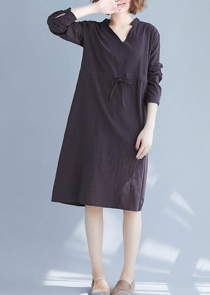 Simple V Neck Drawstring Spring Robes Neckline Gray Dresses