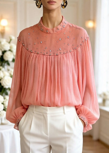 Loose Orange Zircon Wrinkled Tulle Blouses Top Lantern Sleeve Spring