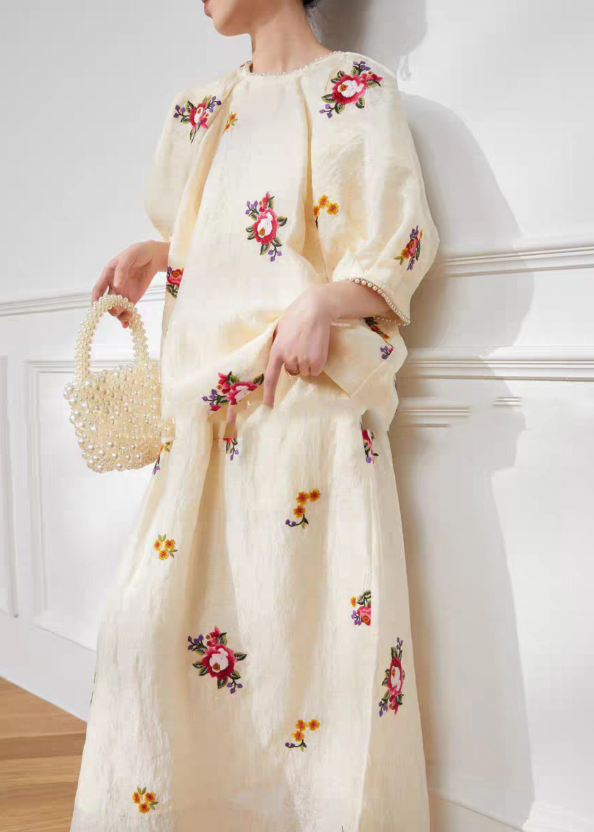 Light Yellow Print Top and Maxi Skirts Two Pieces Set Short Sleeve