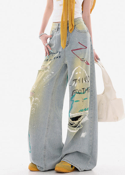 Stylish Blue Print Hole High Waist Denim Wide Leg Pants Fall