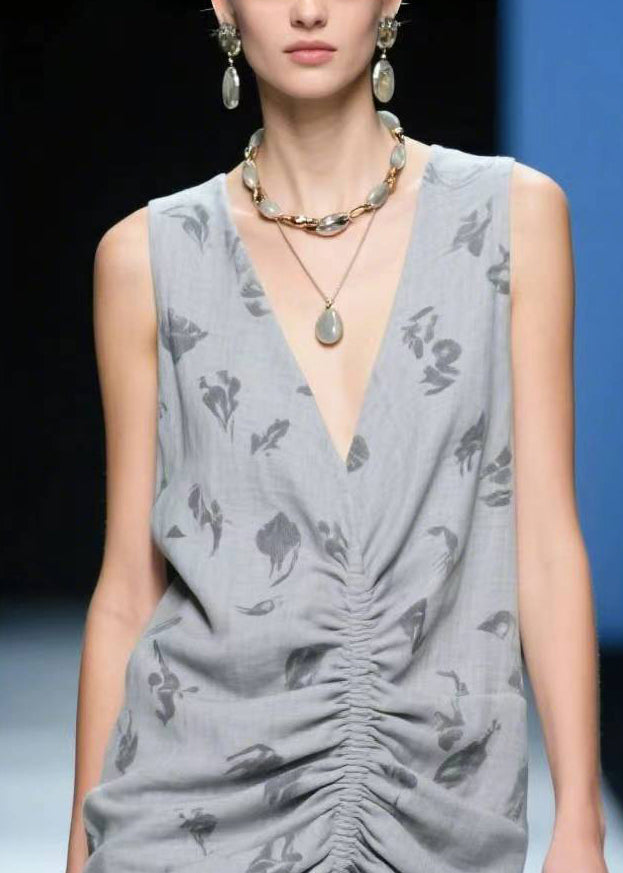 Grey Wrinkled Side Open Cotton Tea Dress Summer