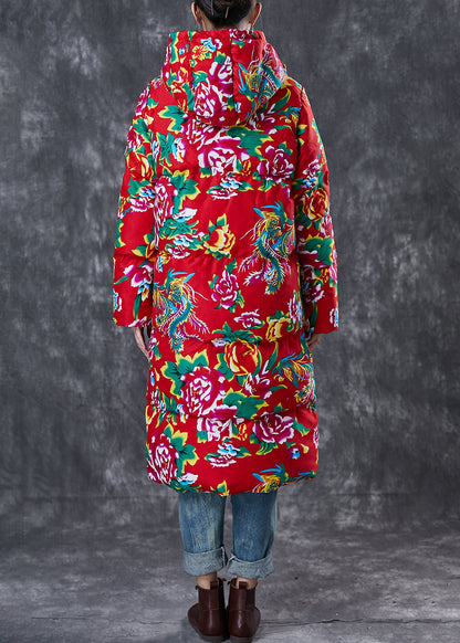 Art Red Hooded Print Fine Cotton Filled Witner Jacket Winter