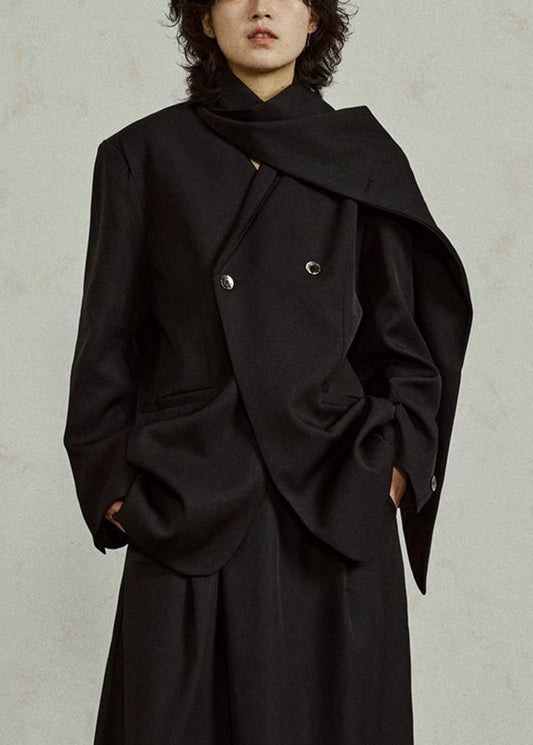 Black Notched Button Coats Long Sleeve
