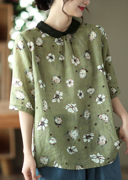Blackish Green Colorblock Patchwork Linen Shirt Top Short Sleeve