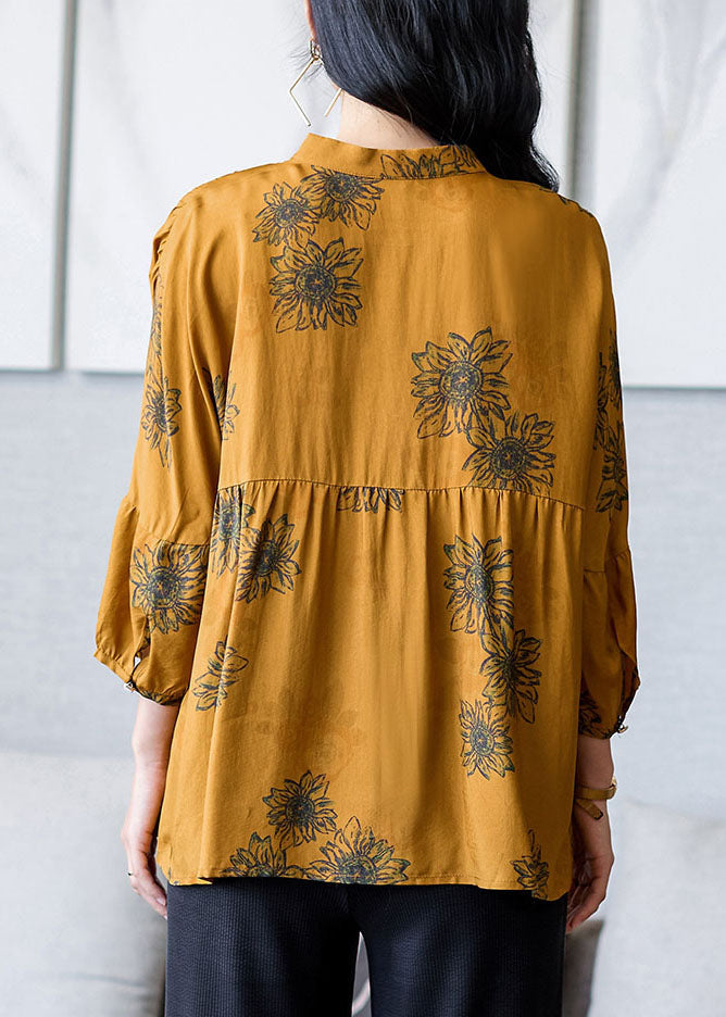 Yellow Stand Collar Wrinkled Patchwork Print Silk Shirt Top Bracelet Sleeve
