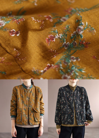Black Print Pockets Patchwork Fine Cotton Filled Jackets Winter