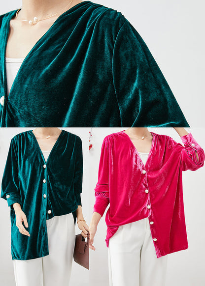 Peacock Green V Neck Silk Velour Blouses Fall