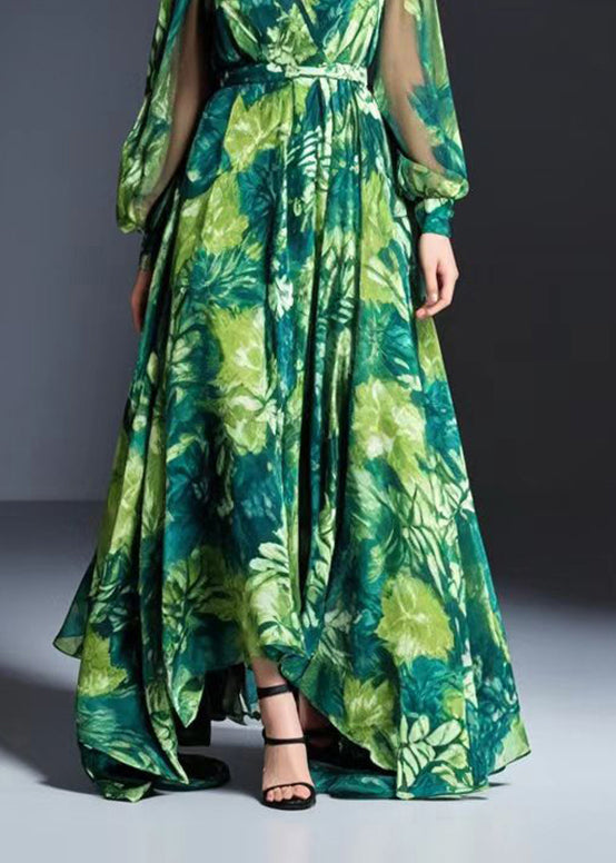 Green V Neck Print Chiffon Dresses Spring