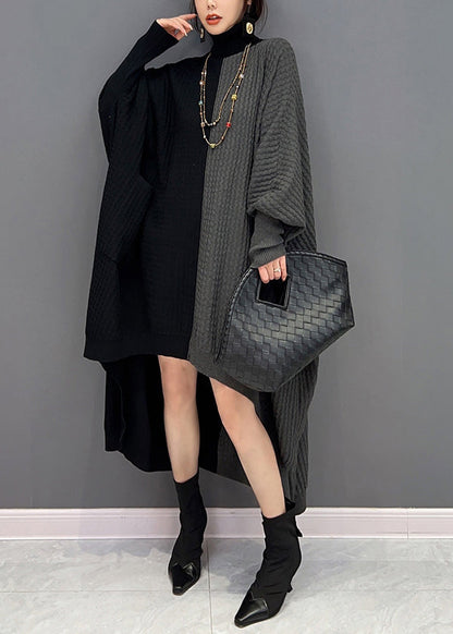 Red Black Hign Neck Asymmetrical Patchwork Knit Dresses Batwing Sleeve