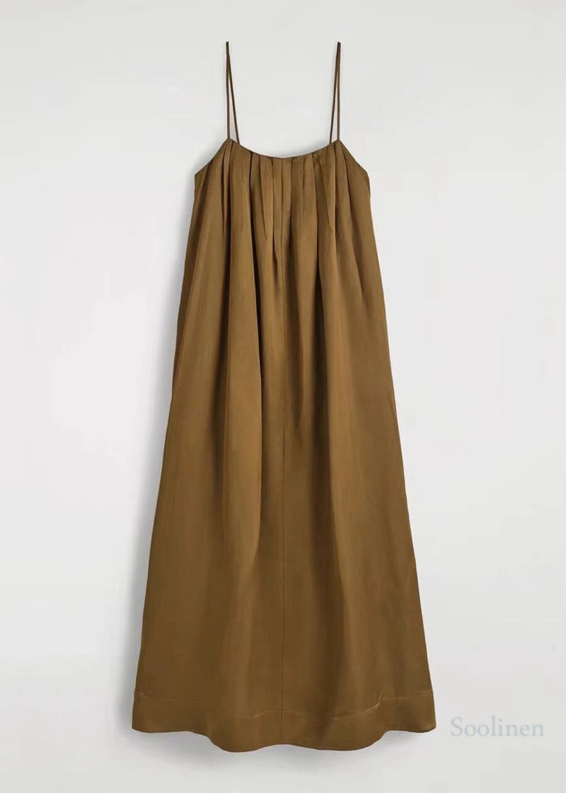 Boutique Brown Oversized Wrinkled Linen Spaghetti Strap Dress Summer