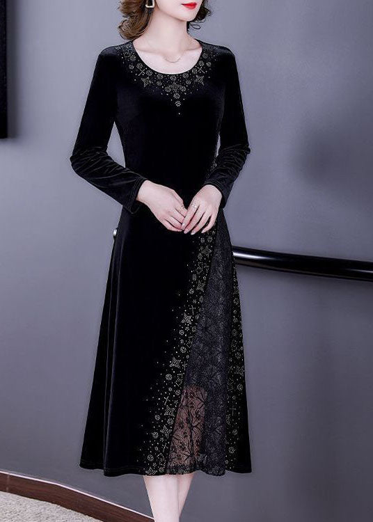 Style Black O-neck Lace Patchwork Hollow Out Silk Velour Dress Spring