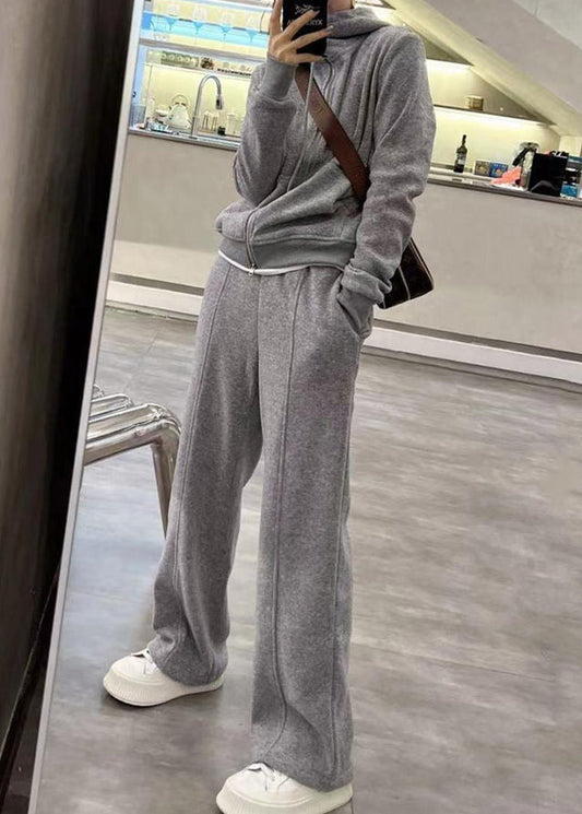 Grey Hooded Coats and Straight Pants Two Pieces Set Long Sleeve