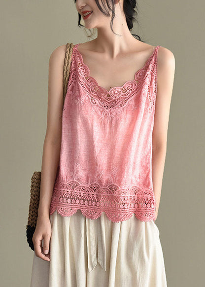 Pink Original Design Embroideried Cotton Spaghetti Strap Tops Summer